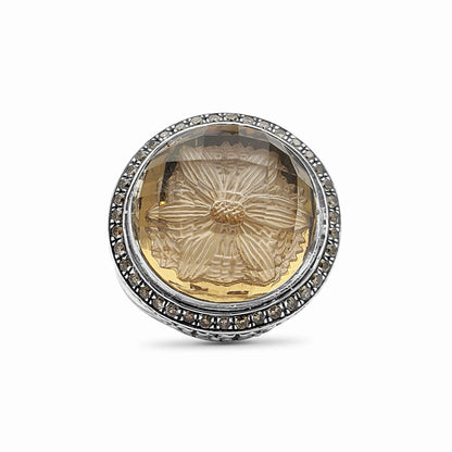 Garden of Stephen Internally Carved Smoky Quartz and Champagne Diamond 0.55ct Ring in Sterling Silver