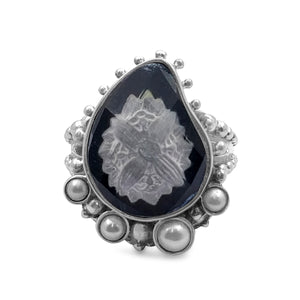 Carventurous Black Agate, Rock Crystal, White Pearl Carved Ring in Sterling Silver