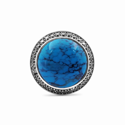 Garden of Stephen 18MM Round Black Vein Turquoise Ring in Sterling Silver with 0.55ct Black Diamonds