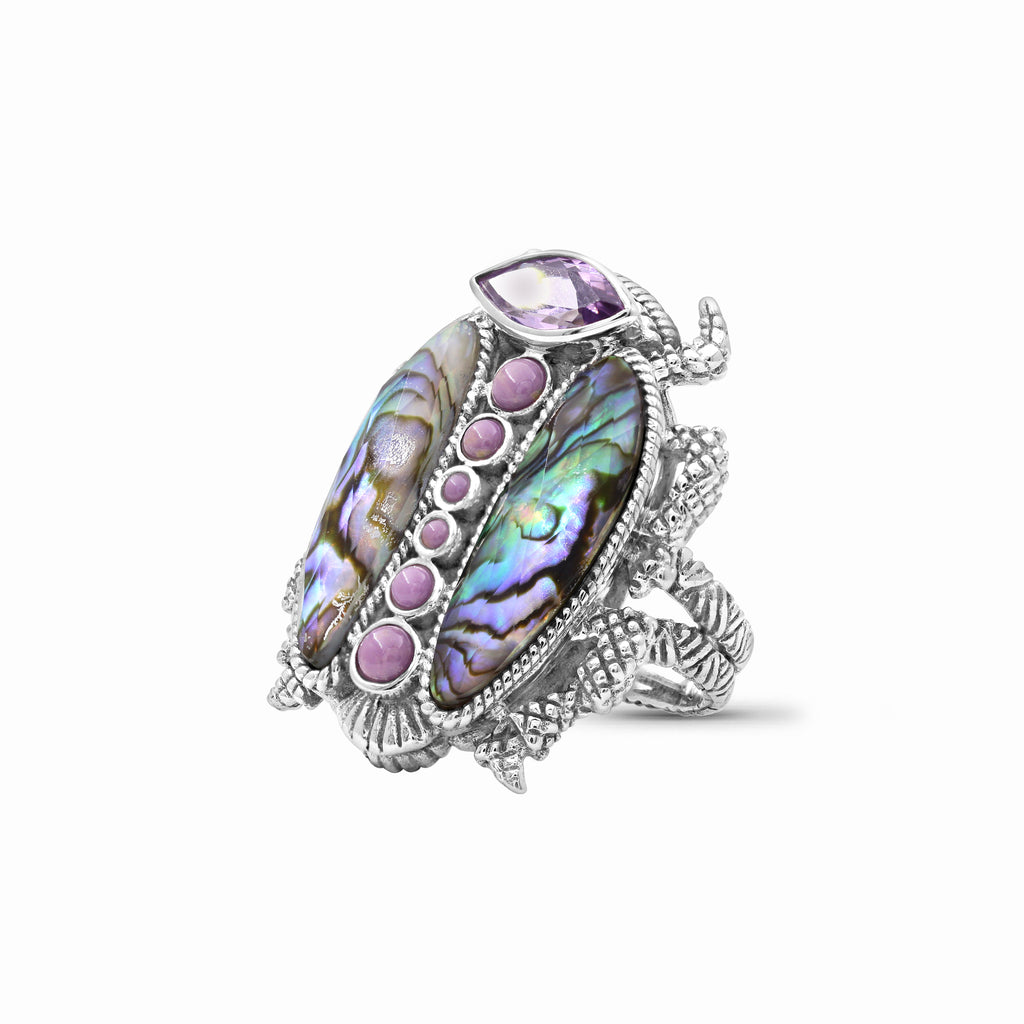 Garden of Stephen Amethyst Phosphosiderite Natural Quartz and Abalone Scarab Ring in Sterling Silver