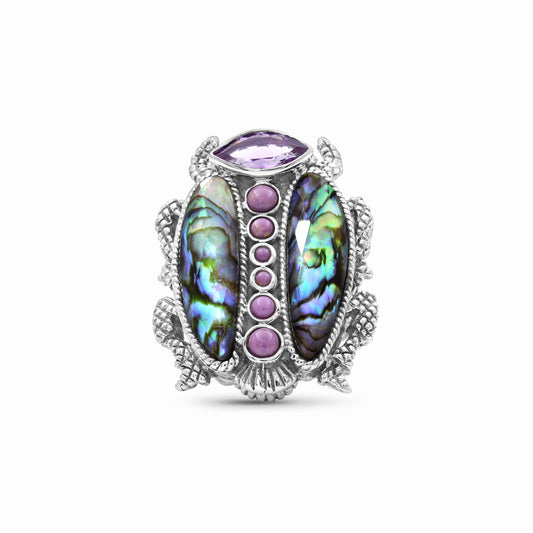 Garden of Stephen Amethyst Phosphosiderite Natural Quartz and Abalone Scarab Ring in Sterling Silver
