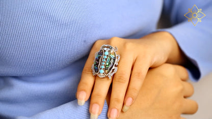 Garden of Stephen Blue Topaz Turquoise Natural Quartz Abalone Scarab Ring in Sterling Silver