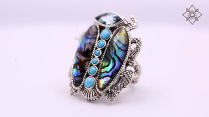 Garden of Stephen Blue Topaz Turquoise Natural Quartz Abalone Scarab Ring in Sterling Silver