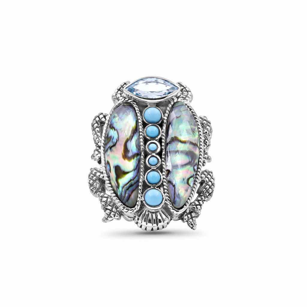 Garden of Stephen Blue Topaz Turquoise Natural Quartz Abalone Scarab Ring in Sterling Silver