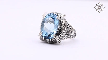 Garden of Stephen Faceted Blue Topaz Ring in Engraved Sterling Silver