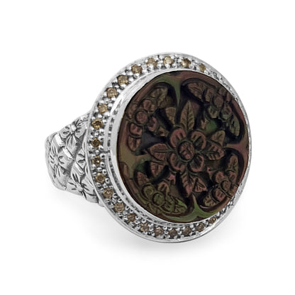 Legacy Hand Carved Tahitian Mother of Pearl Cameo Ring with 0.30ct Champagne Diamonds in Sterling Silver