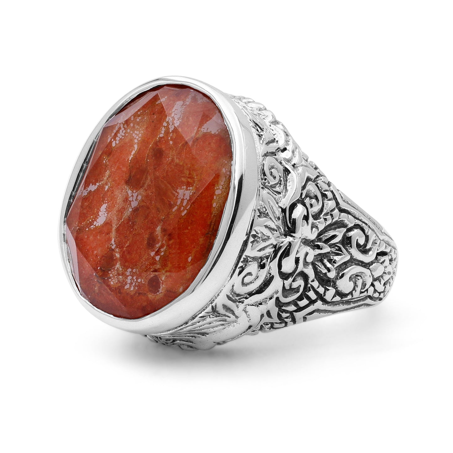 Garden of Stephen Red Agate And Mother of Pearl Ring in Sterling Silver