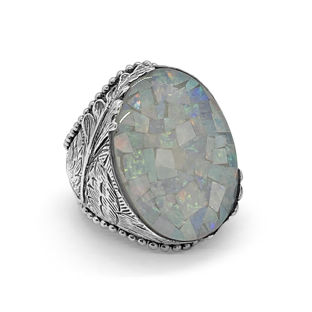 Garden of Stephen White Opal Mosaic Triplet Smooth Ring in Sterling Silver