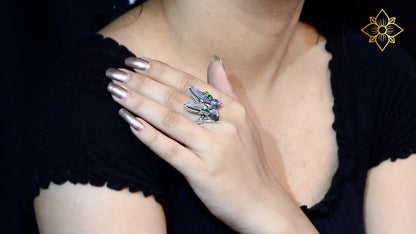 Garden of Stephen Faceted Natural Quartz Abalone and Peridot Butterfly Ring in Sterling Silver