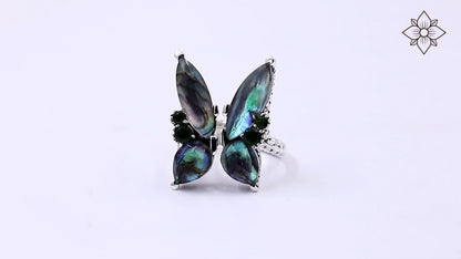Garden of Stephen Faceted Natural Quartz Abalone and Peridot Butterfly Ring in Sterling Silver