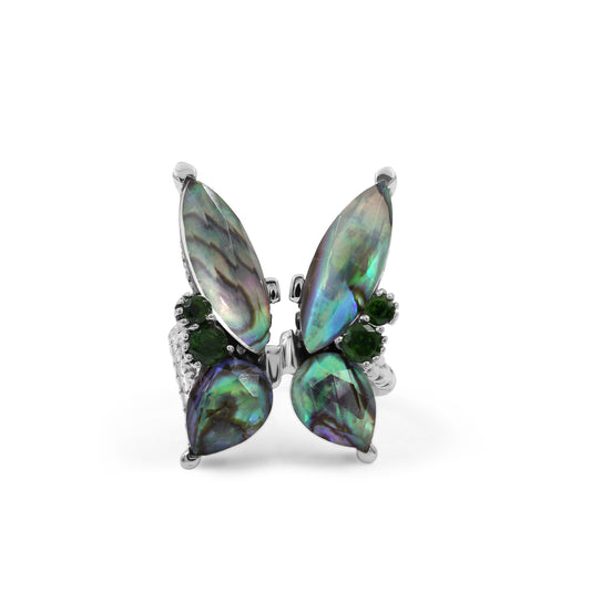 Garden of Stephen Faceted Natural Quartz Abalone and Peridot Butterfly Ring in Sterling Silver