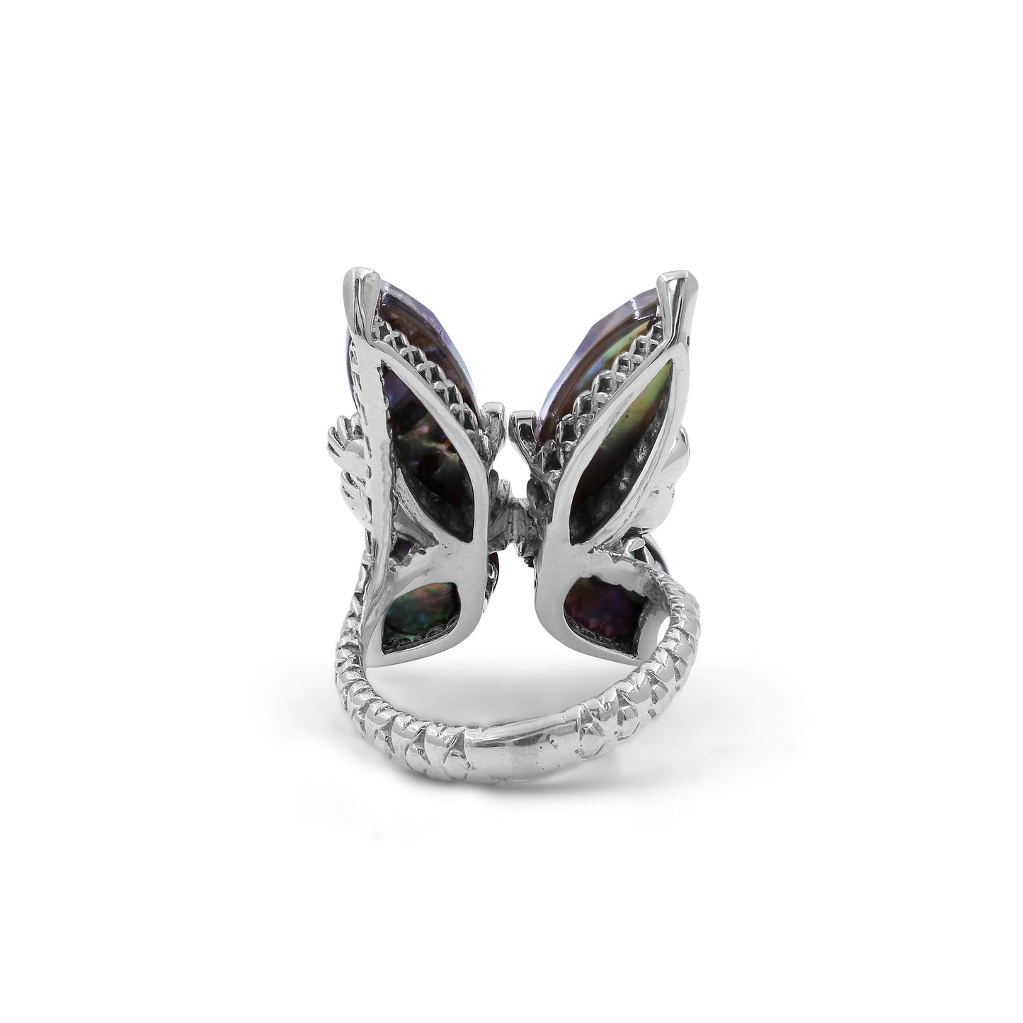 Garden of Stephen Faceted Natural Quartz Abalone Labradorite and Swiss Blue Topaz Butterfly Ring in Sterling Silver