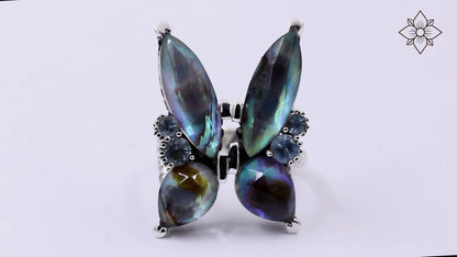 Garden of Stephen Faceted Natural Quartz Abalone Labradorite and Swiss Blue Topaz Butterfly Ring in Sterling Silver