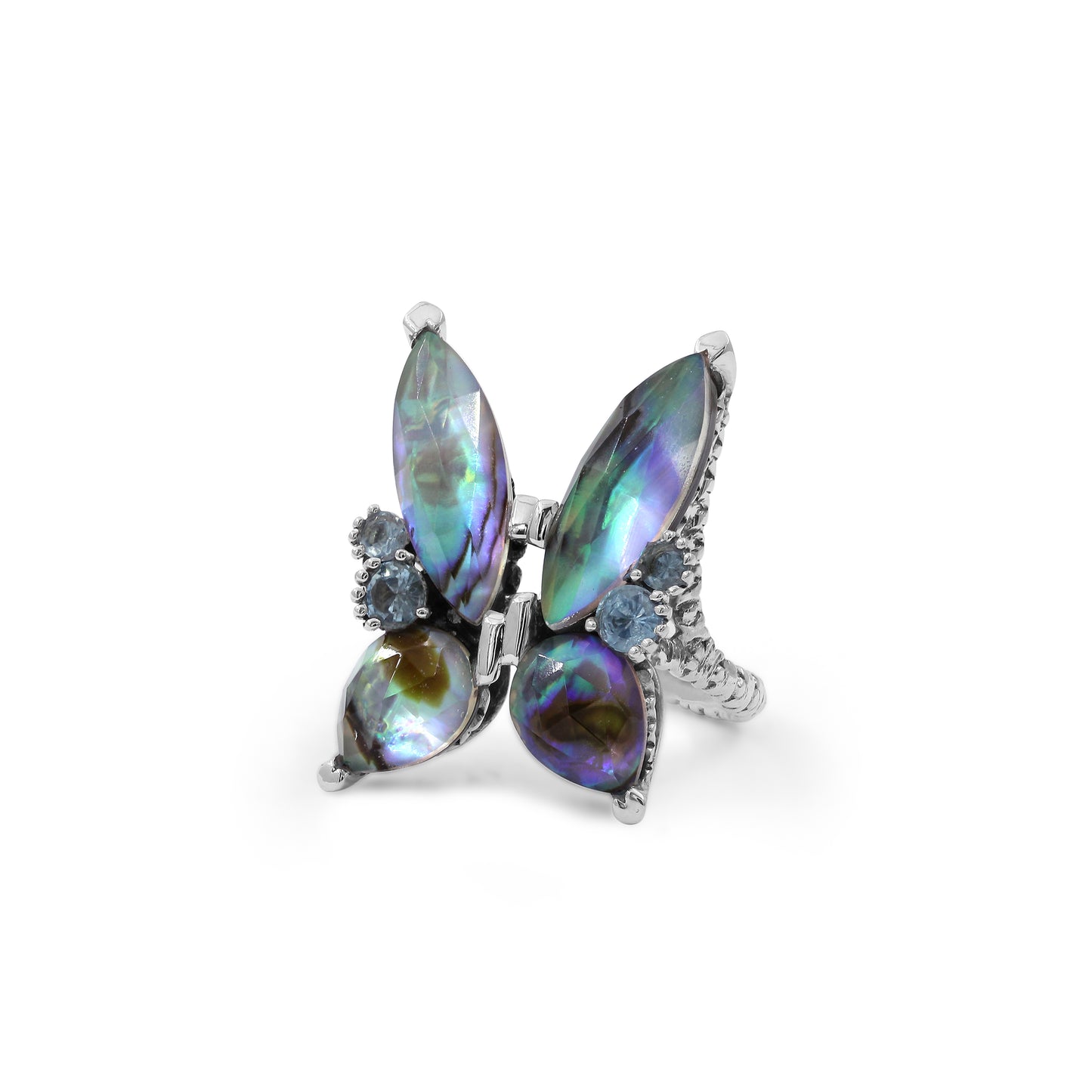 Garden of Stephen Faceted Natural Quartz Abalone Labradorite and Swiss Blue Topaz Butterfly Ring in Sterling Silver