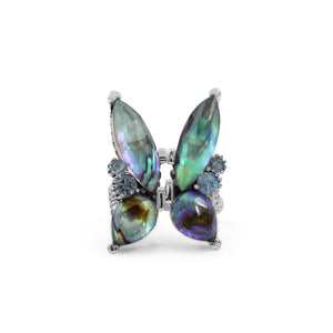 Garden of Stephen Faceted Natural Quartz Abalone Labradorite and Swiss Blue Topaz Butterfly Ring in Sterling Silver