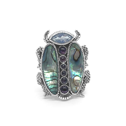 Garden of Stephen Lavender Moon Quartz Rhodolite Garnet Natural Quartz and Abalone Scarab Ring in Sterling Silver
