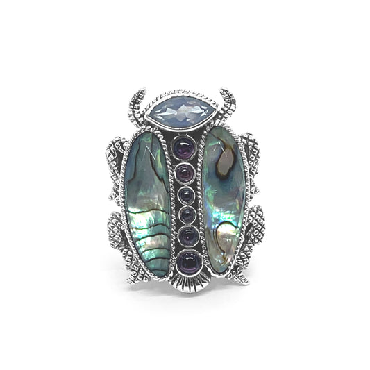 Garden of Stephen Lavender Moon Quartz Rhodolite Garnet Natural Quartz and Abalone Scarab Ring in Sterling Silver