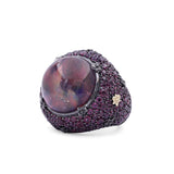 Garden of Stephen Natural Quartz Mother of Pearl and Rhodolite Garnet Pave Ring in Sterling Silver with 18K Gold Flowers