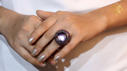 Garden of Stephen Natural Quartz Mother of Pearl and Rhodolite Garnet Pave Ring in Sterling Silver with 18K Gold Flowers