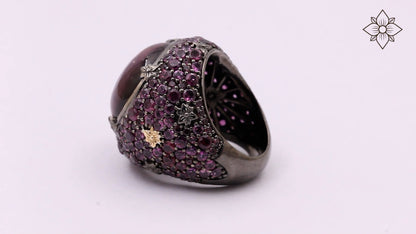 Garden of Stephen Natural Quartz Mother of Pearl and Rhodolite Garnet Pave Ring in Sterling Silver with 18K Gold Flowers