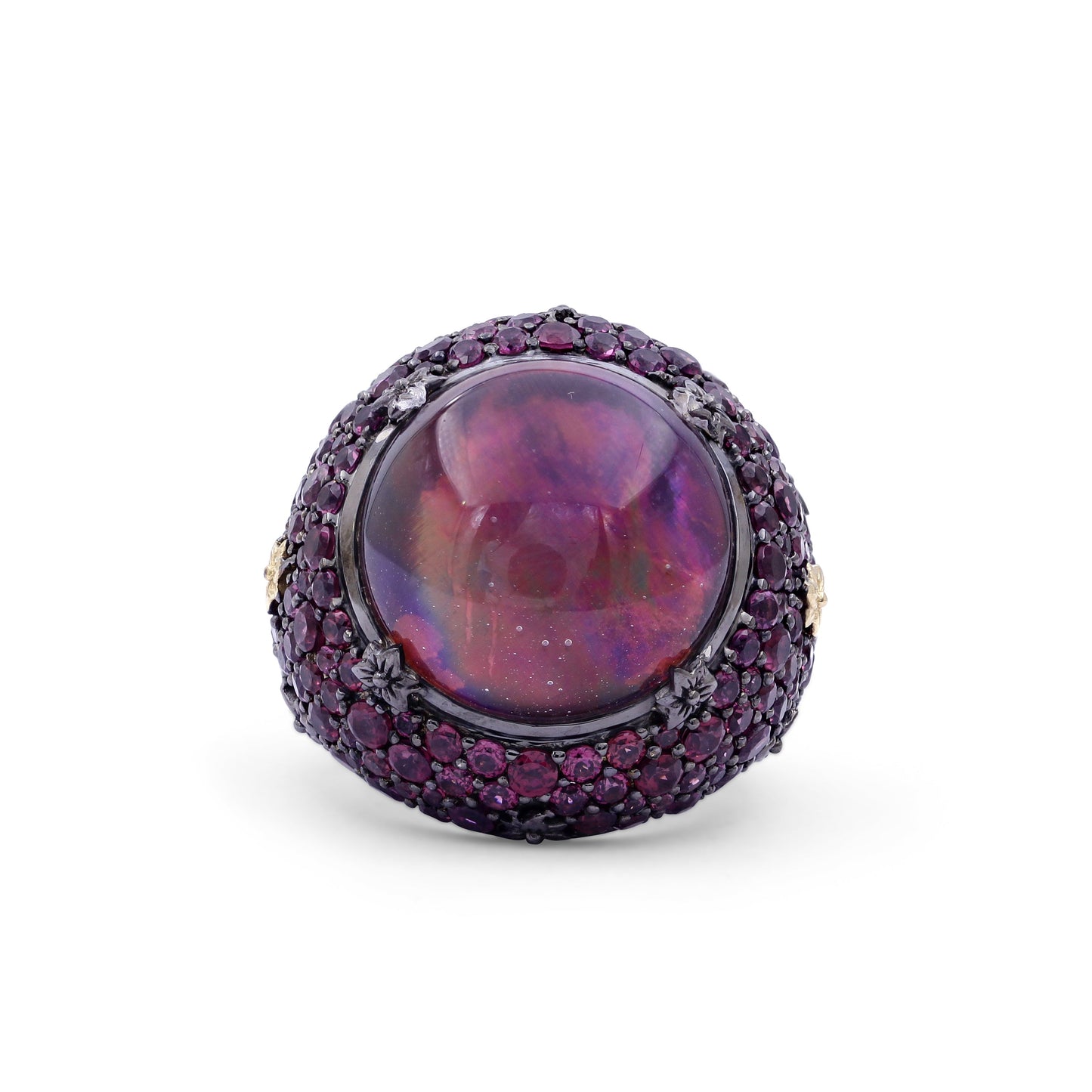 Garden of Stephen Natural Quartz Mother of Pearl and Rhodolite Garnet Pave Ring in Sterling Silver with 18K Gold Flowers