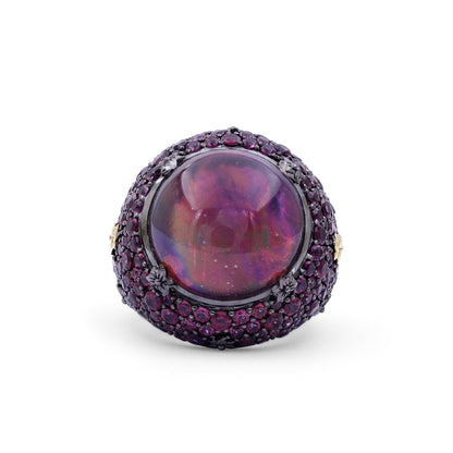 Garden of Stephen Natural Quartz Mother of Pearl and Rhodolite Garnet Pave Ring in Sterling Silver with 18K Gold Flowers