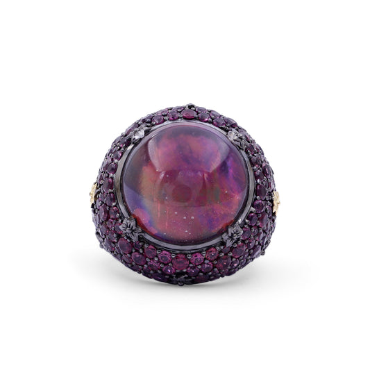 Garden of Stephen Natural Quartz Mother of Pearl and Rhodolite Garnet Pave Ring in Sterling Silver with 18K Gold Flowers