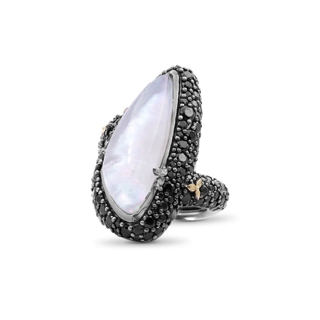 Garden of Stephen Natural Quartz Mother of Pearl and Black Spinel Ring in Sterling Silver with 18K Gold Flowers