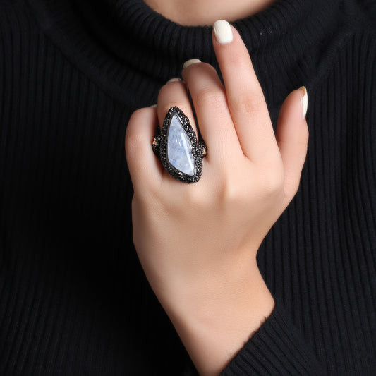 Garden of Stephen Natural Quartz Mother of Pearl and Black Spinel Ring in Sterling Silver with 18K Gold Flowers