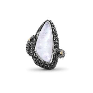 Garden of Stephen Natural Quartz Mother of Pearl and Black Spinel Ring in Sterling Silver with 18K Gold Flowers