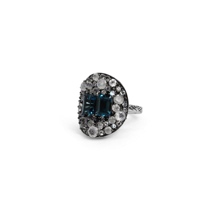 Garden of Stephen London Blue Topaz and Rainbow White Moonstone Ring in Sterling Silver