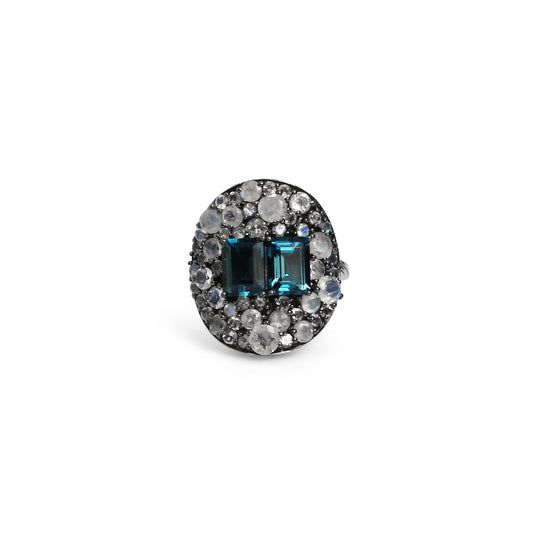 Garden of Stephen London Blue Topaz and Rainbow White Moonstone Ring in Sterling Silver