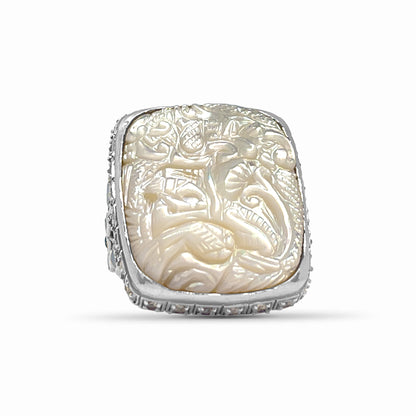 Carventurous Hand Carved Mother of Pearl Rainbow Moonstone and Natural Quartz Ring in Sterling Silver