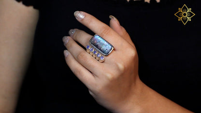Carventurous Hand Carved Natural Quartz Mother of Pearl Agate and Iolite Open and Close Ring in Sterling Silver