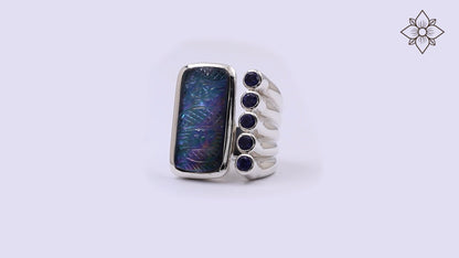 Carventurous Hand Carved Natural Quartz Mother of Pearl Agate and Iolite Open and Close Ring in Sterling Silver