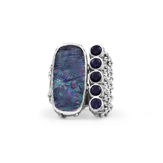Carventurous Hand Carved Natural Quartz Mother of Pearl Agate and Iolite Open and Close Ring in Sterling Silver