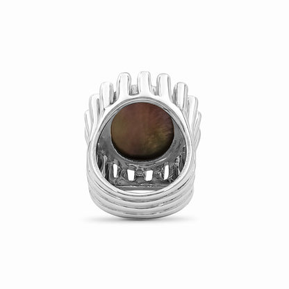 Carventurous Hand Carved Tahitian Mother of Pearl and Black Spinel Ring in Sterling Silver Tube Setting
