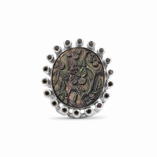 Carventurous Hand Carved Tahitian Mother of Pearl and Black Spinel Ring in Sterling Silver Tube Setting