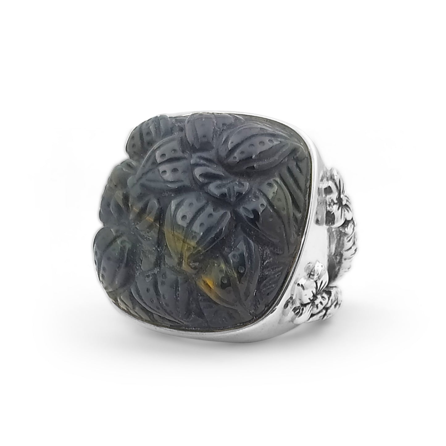 Carventurous Hand Carved Blue Tiger Eye Ring in Sterling Silver