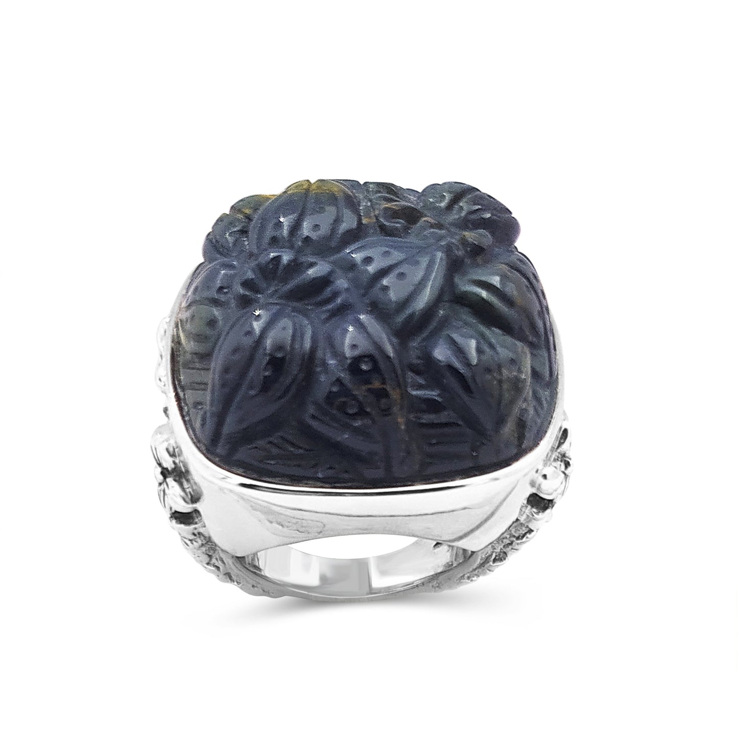 Carventurous Hand Carved Blue Tiger Eye Ring in Sterling Silver