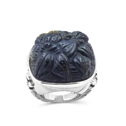 Carventurous Hand Carved Blue Tiger Eye Ring in Sterling Silver