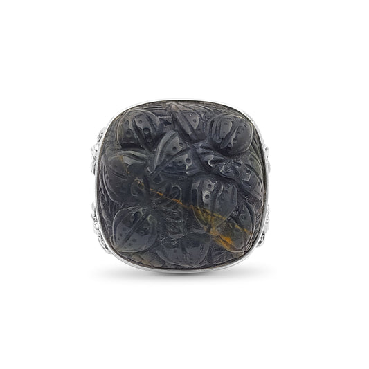 Carventurous Hand Carved Blue Tiger Eye Ring in Sterling Silver