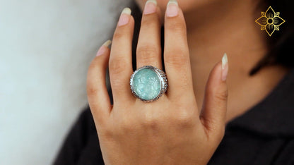 Carventurous Hand Carved Natural Quartz and Mother of Pearl Ring in Sterling Silver