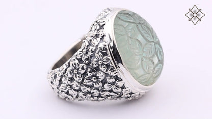 Carventurous Hand Carved Natural Quartz and Mother of Pearl Ring in Sterling Silver