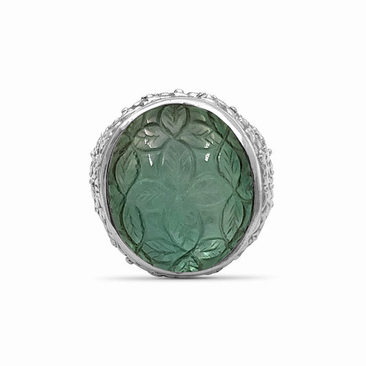 Carventurous Hand Carved Natural Quartz and Mother of Pearl Ring in Sterling Silver