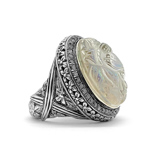 Carventurous Hand Carved Natural Quartz and Abalone Ring with 0.55ct Champagne Diamonds in Sterling Silver