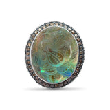 Carventurous Hand Carved Natural Quartz and Abalone Ring with 0.55ct Champagne Diamonds in Sterling Silver