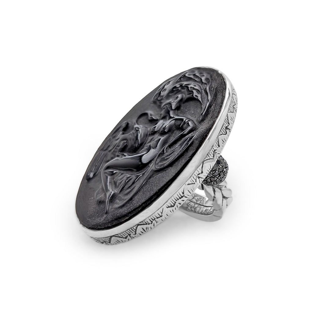 Carventurous Black Agate Hand Carved Lida and The Swan Ring with 1.40ct Black Diamonds in Sterling Silver