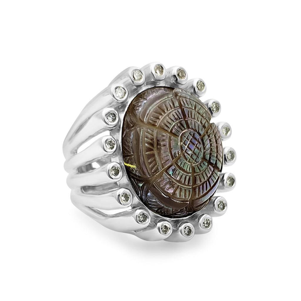 Carventurous Hand Carved Mother of Pearl and Champagne Diamond Ring in Sterling Silver
