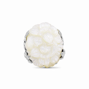 Carventurous Hand Carved Mother of Pearl in Sculpted Sterling Silver Double Shank Ring